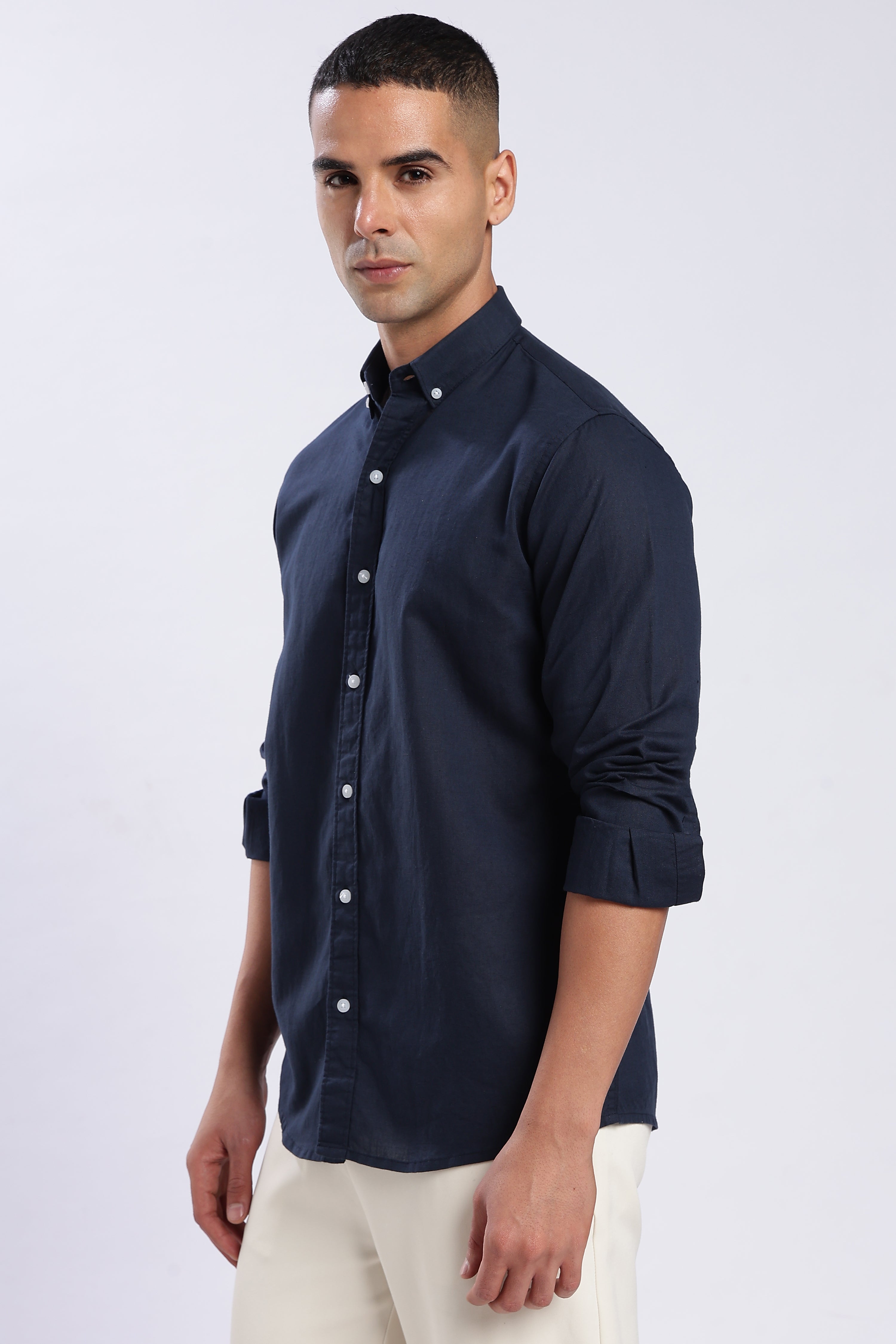 Navy Blue Linen Blend Shirt