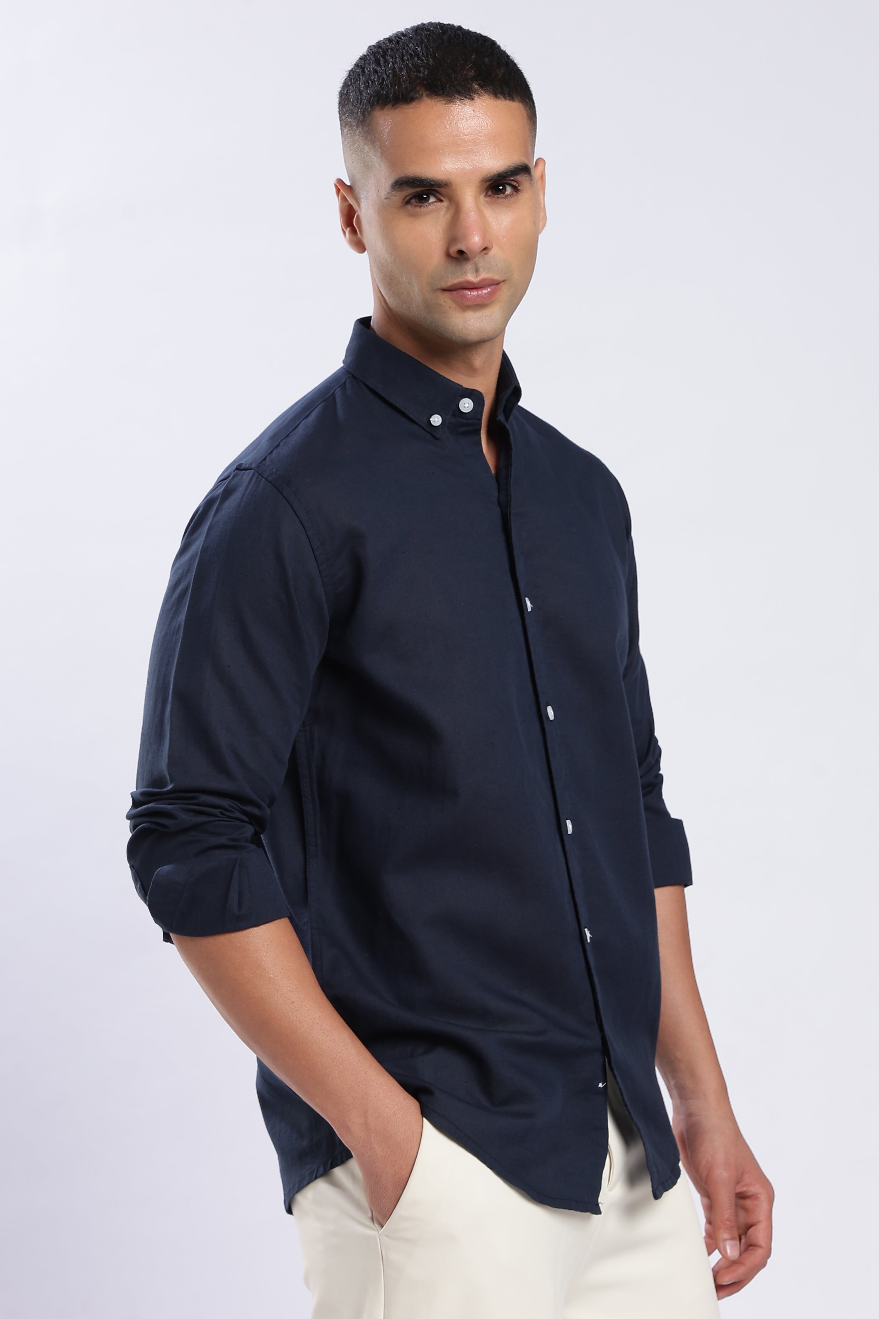 Navy Blue Linen Blend Shirt