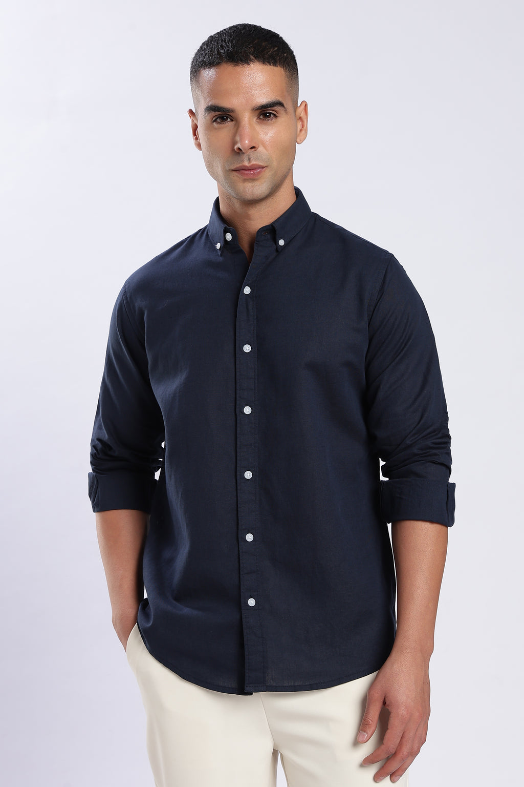 Navy Blue Linen Blend Shirt