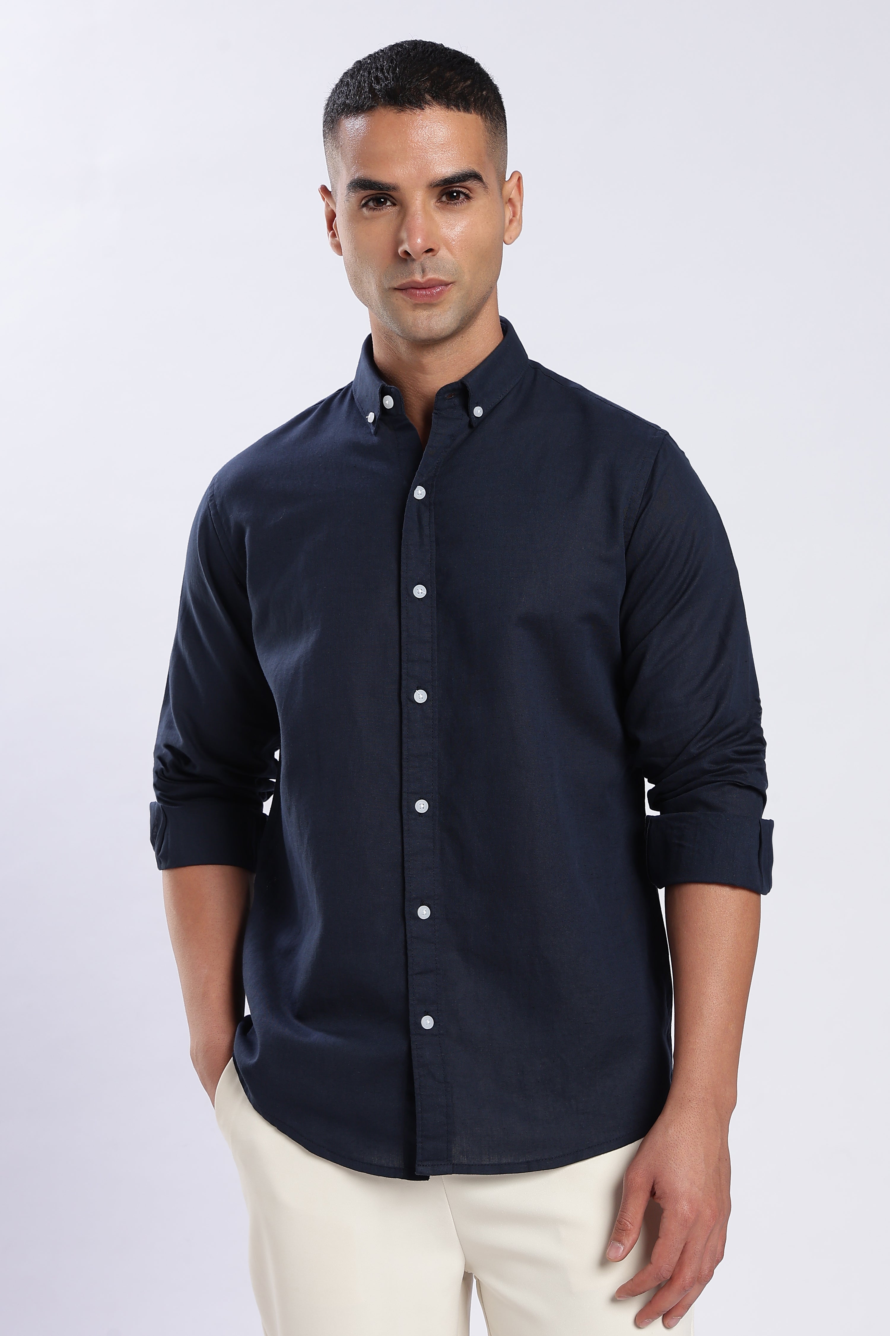 Navy Blue Linen Blend Shirt