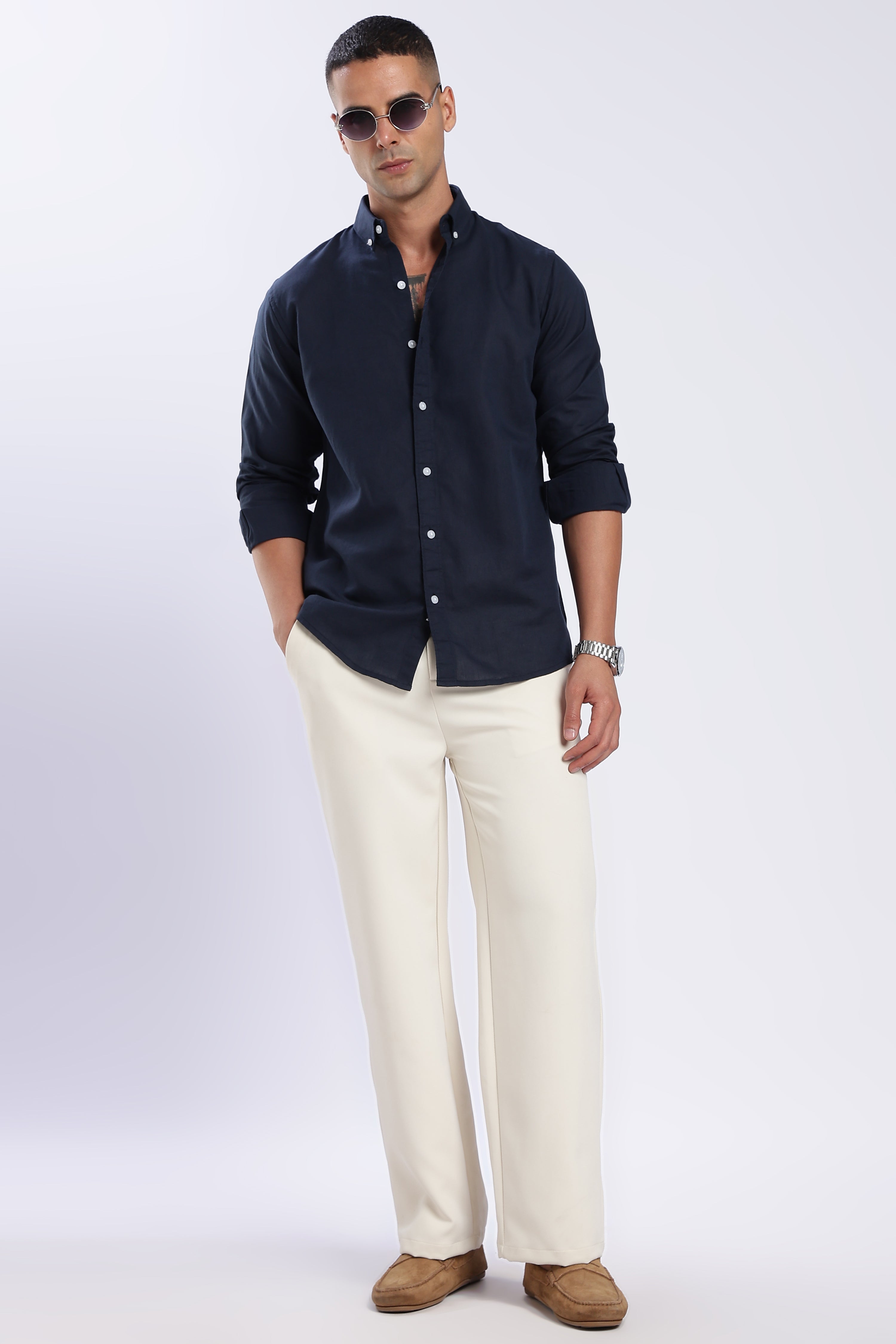 Navy Blue Linen Blend Shirt